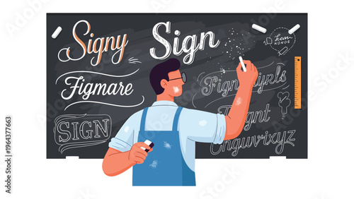 Creative Artist at Work: A skilled artist, chalk in hand, brings a chalkboard sign to life, meticulously crafting letters and designs with a flair for the creative.