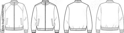 Men bomber jacket set with ribbed collar and zip closure, front and back views, casual outerwear template – vector illustration