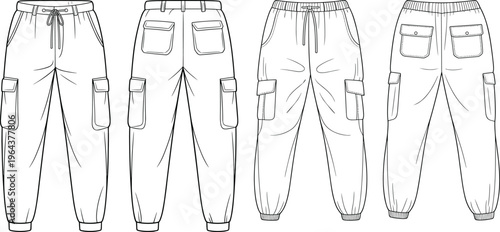 Men cargo jogger pants set with multiple pockets, front and back views, casual streetwear template – vector illustration