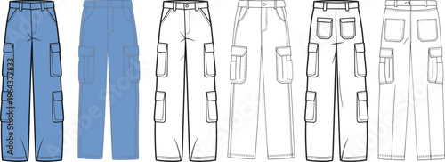 Men cargo pants collection with multiple pockets, front and back views, streetwear utility fashion template – vector illustration