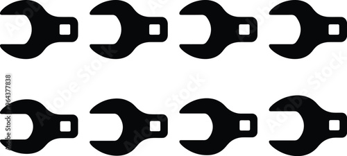 Eight Black Silhouettes of Open- End Wrenches on a White Background open-end wrench spanner