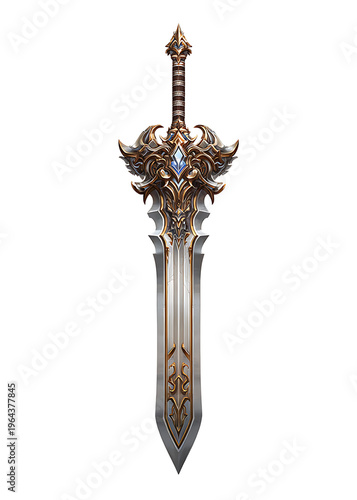 The medieval sword features an ornate hilt with a silver blade displayed vertically.