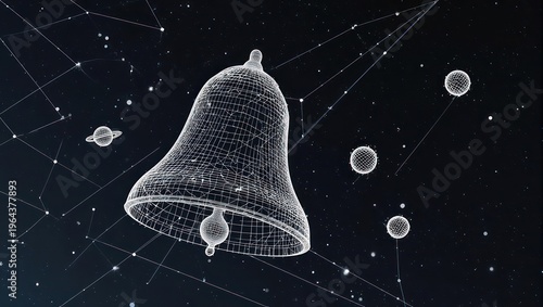 Wireframe bell in space, celestial backdrop