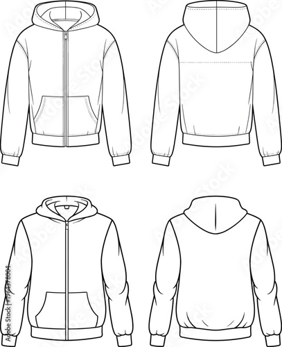 Men hoodie set with zipper and kangaroo pocket, front and back views, minimalist casual apparel template – vector illustration