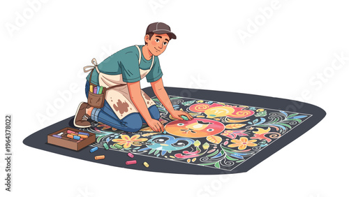 Artist in Action: An artist engrossed in creating a vivid chalk drawing on the pavement. Capturing the essence of street art and creative passion