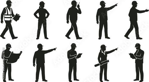 Professional Construction Personnel Silhouette Set Featuring Engineers Architects and Builders Reviewing Blueprints Using Hand Tools and Heavy Equipment for Industrial Development