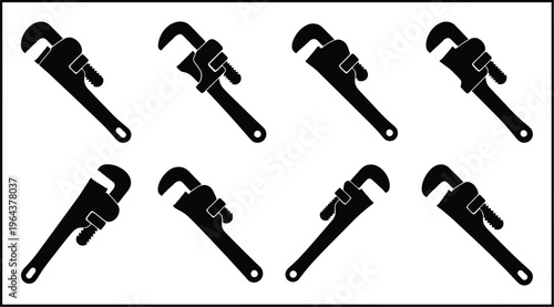 Eight Black Silhouettes of Pipe Wrenches at Various Angles on a White Background adjustable wrench plumbing tool