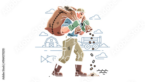 Farm worker on field: A hardworking farm worker carries a heavy sack of seeds across a field. Depicting dedication and the start of a new harvest season.