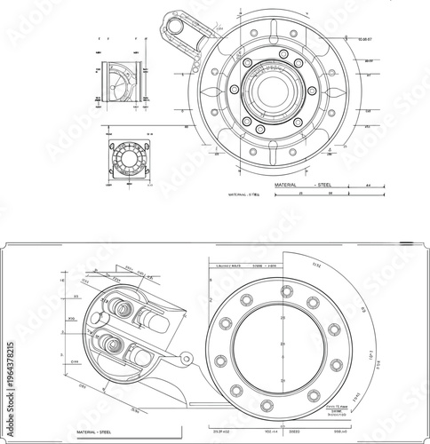 Mechanical flange and valve blueprint drawings with dimensions, technical engineering schematics, industrial component design – vector illustration
