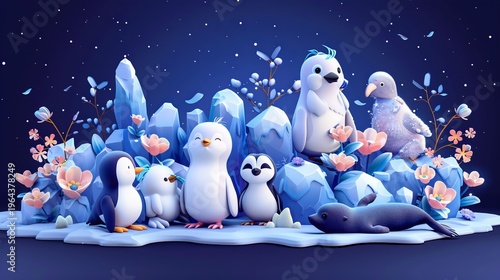 Charming collection of arctic animals, including penguins, birds, and a seal in a floral landscape