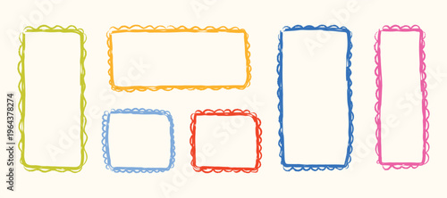 Geometric crayon stamp set. Hand drawn frames, borders for school, children's art, postcard, stickers, wedding invitations. Doodle shape box collection. Isolated whimsical vector illustration.