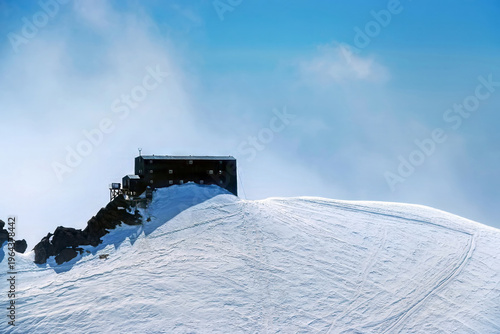 Margherita Hut mountain refuge on Monte Rosa peak, high altitude alpine landscape