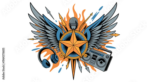 Music symbols with star and wings and headphones and boombox  audio equipment