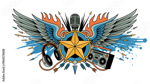 Vibrant music symbol with star wings microphone headphones boombox  audio equipment illustration