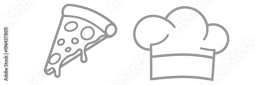 Line drawing of pizza slice and chef hat on white background