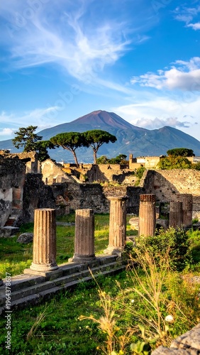 Pompeii Ruins with Mount Vesuvius in the Background on a Sunny Day.