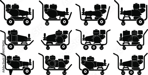 Twelve Black Silhouette Icons of Portable Pressure Washers on White Background Keywords: pressure washer, power washer, cleaning equipment, industrial cleaning, outdoor cleaning, water jet, high