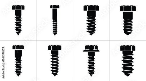 Assortment of Black Silhouette Wood Screws with Hexagonal Heads on White Background Keywords: wood screw, fastener, hardware, construction, building, fixing, threaded, metal, industrial