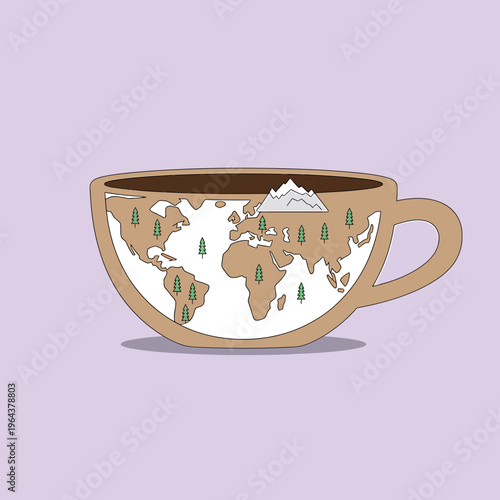 Cartoon illustration of a coffee cup with a world map and trees on it