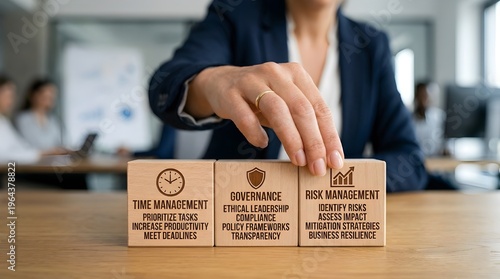 A Women professional hands placing blocks reflecting corporate governance and risk management on table 