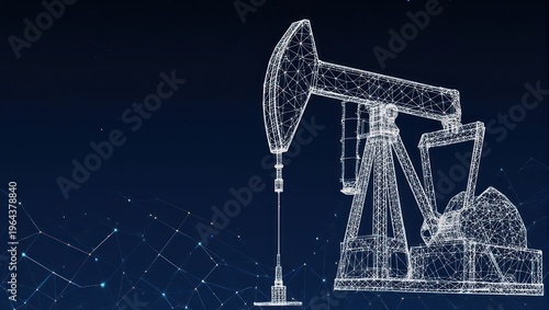 Wireframe oil rig against a dark background.  Networked design