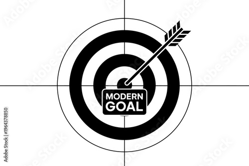 Black and white modern goal target with arrow hitting center bullseye perfectly