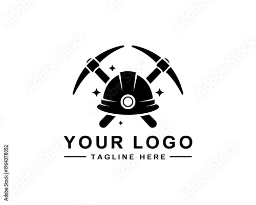 Black mining helmet and pickaxes logo with starburst  mining industry symbol