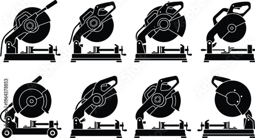 Silhouette Collection of Chop Saws and Metal Cutting Saws in Various Angles Keywords: chop saw, metal cutting saw, power tool, industrial equipment, construction tool, cutting machine, circular