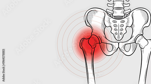 Anatomical illustration of a human pelvis and femur with highlighted pain area