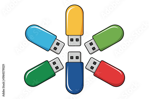 Colorful usb flash drives arranged in a circle on white background