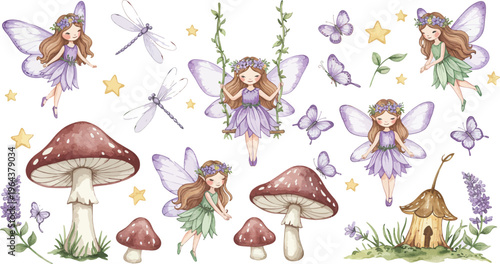 Whimsical illustration of fairies and mushrooms in a fantasy garden with dragonflies and lavender flowers