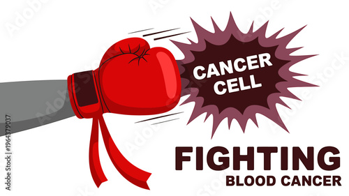 Red boxing glove punching cancer cell fighting blood cancer awareness symbol