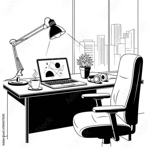 comfortable home office workspace with laptop and city view