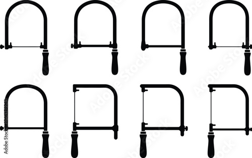 Collection of black and white silhouette icons of fret saws and coping saws with wooden handles Keywords: fret saw, coping saw, hand saw, woodworking tool, carpentry tool, cutting tool