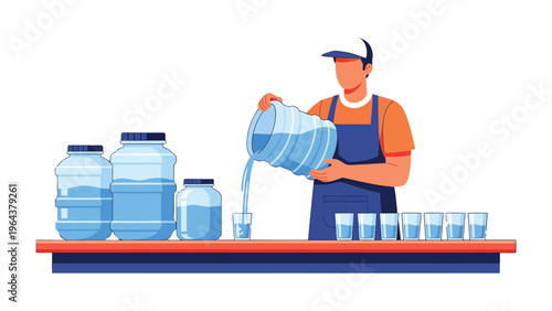 Water Dispenser: A person with a water cooler is pouring fresh water into glass on desk, capturing the essence of hydration and refreshing with a modern and illustrative style.