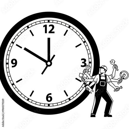 Time management concept with multitasking worker and clock