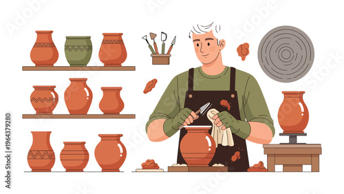 The Craftsman and his Clay Vessels: A skilled craftsman meticulously works on a clay vessel, surrounded by a collection of his beautiful creations on shelves.
