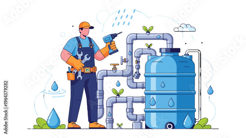Plumber with Water System: A skilled plumber expertly installs or repairs a complex water system, showcasing their expertise. A scene of skill and functionality, in a clean, modern style.