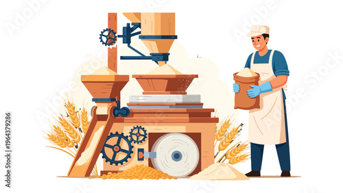 Grain milling: A craftsman stands beside an aged mill, delicately handling a bag of freshly milled grain, set amidst the golden landscape of the harvesting season. 
