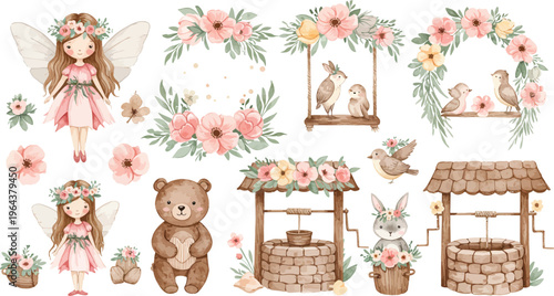 Whimsical fairy tale scene with girl fairy bear and floral elements on white background