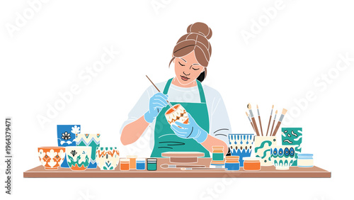 Artisan's Artistic Touch: A skilled artisan, immersed in their craft, meticulously paints intricate designs on handcrafted ceramics.