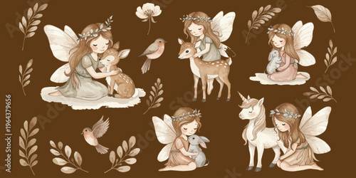 Whimsical illustration of fairies with animals in a forest setting with foliage and flowers everywhere around them