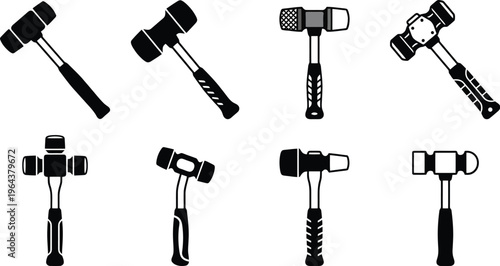 Assortment of Eight Black and White Silhouettes of Rubber Mallets and Hammers Keywords: mallet, hammer, tool, construction, carpentry, workshop, DIY, repair, striking, impact, rubber mallet