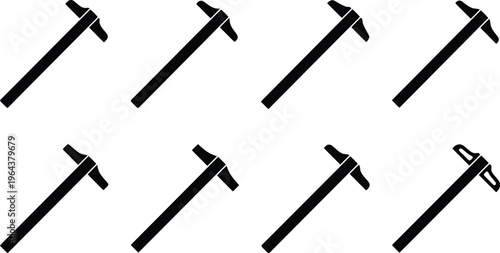 Eight Black Silhouettes of T- Squares on a White Background Keywords: T-square, ruler, measuring tool, drafting tool, drawing instrument, engineering, architecture, construction, woodworking