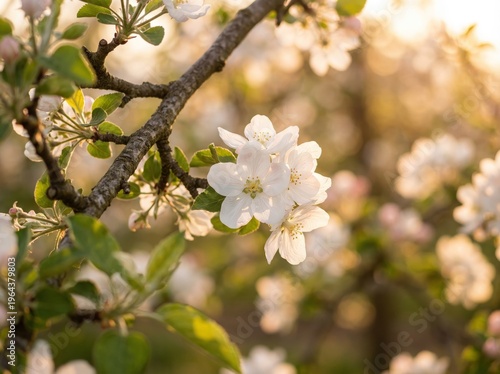 White Apple Tree Blossoms Growing on Branch at Sunset
