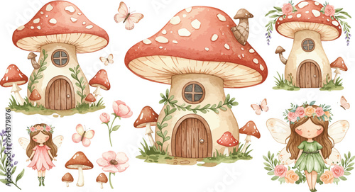Whimsical illustration of fairy tale mushroom houses and flowers with girl faces in a fantasy garden scene