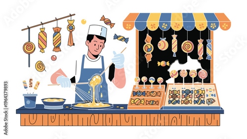 Artisan Candy Maker: A skilled artisan meticulously crafts delectable candies at a vibrant street stall, his passion evident in every swirl and creation.