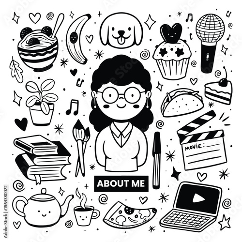 Hand drawn about me doodle illustration featuring a cute girl surrounded by her favorite things