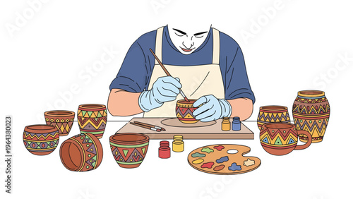 Artisan Crafting: An artisan meticulously paints intricate designs onto ceramic vessels, embodying the essence of skillful craftsmanship and artistic dedication.
