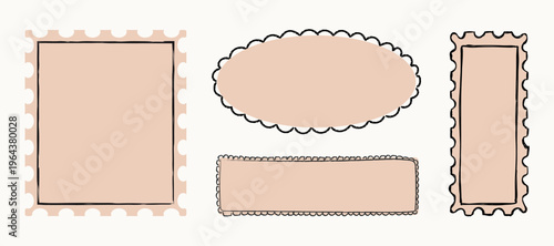 Geometric vintage crayon stamp set. Hand drawn frames with ripped newspaper, gazette texture. Borders for postcard, stickers, wedding invitations. Doodle collection. Isolated vector illustration.